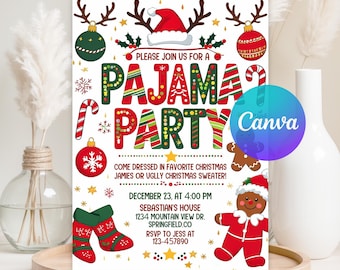 Christmas Pajama Party Invitation, Pajama Invitation, Christmas Party Invitation, Holiday Party Invite, Editable Canva Template