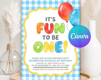 Fun to be One Birthday Party Invitation, First Birthday Blue Gingham Colorful Theme, Editable Canva, Digital Download for Boys and Girls