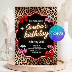 May include: A party invitation with a leopard print background. The invitation features a black center with the words "Amelia's birthday" in a neon-style font. Red bows, cherries, and lips decorate the edges. The date is August 16th, 2025.