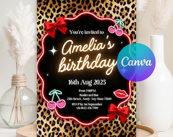 May include: A party invitation with a leopard print background. The invitation features a black center with the words "Amelia's birthday" in a neon-style font. Red bows, cherries, and lips decorate the edges. The date is August 16th, 2025.