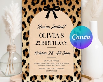 Cheetah Print Birthday Invitation, Black Bow Coquette Party Printable Invite, Girls Night Birthday Invite, Ediatable Canva Template