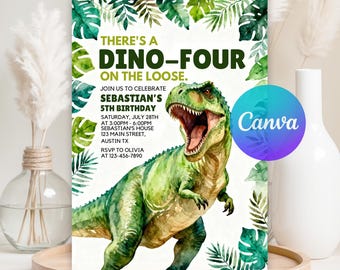 Bearbeitbare Dinosaurier-Einladung zum 4. Geburtstag, Dino Vier TRex Party-Einladungsvorlage, Jungen-vierte Geburtstagsparty, digitaler Download