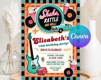 Retro Diner Birthday Invitation, 50's Party Invite, Fifties Birthday Invitation, Sock Hop Retro Diner Fifties, Editable Canva Template