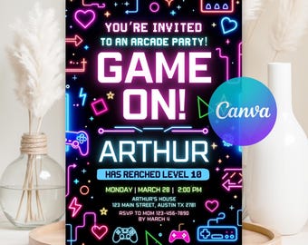 Faire-part de fête d'anniversaire jeu vidéo, passer un niveau d'invitation d'anniversaire, faire-part d'anniversaire d'arcade, néon d'invitation, gamer vidéo phosphorescent, modèle Canva