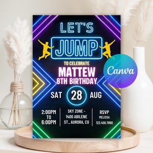 May include: A vibrant birthday party invitation with neon-style text reading "LET'S JUMP" and "MATTEW 8TH BIRTHDAY". The design includes yellow jumping figures and neon lines in blue, green, and pink. The date is August 28.
