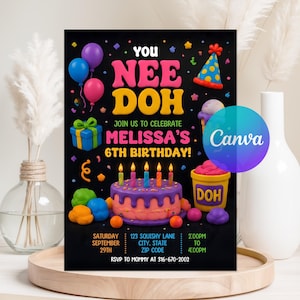 Peut inclure: Une carte d'invitation d'anniversaire noire avec des graphismes colorés en 3D, incluant des ballons, un cadeau, un chapeau de fête, un gâteau avec cinq bougies allumées et un pot marqué DOH. Le texte indique : YOU NEE DOH MELISSA'S 6TH BIRTHDAY!