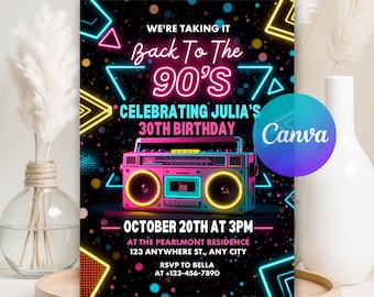 Editable Back to The 90s Birthday Invitation, Neon Party Glow Dance Disco, Throwback Theme Birthday, Instant Download, Canva Template