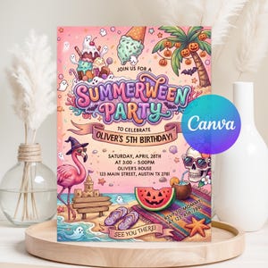 May include: A vibrant invitation for a "Summerween Party" to celebrate Oliver's 5th birthday. The design includes a flamingo, sandcastle, ice cream, and a skull with sunglasses. The invitation includes the date, time, and location.