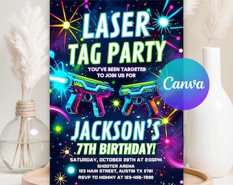 Bewerkbare lasergame verjaardagsuitnodiging, lasergame uitnodigingssjabloon, neon Glow lasergame verjaardagsuitnodiging, bewerkbare canvas sjabloon