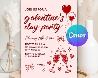 Galentine's Day Party Invitation Template, Valentine's Party Invitation, Editable Canva Template, Digital Download, Invitation Template