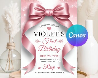 Pink Bow Birthday Invitation, Girl Pink Birthday Invite, Coquette Pink Bow Invitation, Instant Download Canva Template, Digital Download