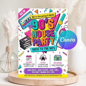 May include: A 90s house party invitation flyer featuring colorful retro graphics including a cassette tape, VHS tapes, a slap bracelet, and a boombox. The text reads 90'S HOUSE PARTY, BACK TO THE 90'S, with event details for September 26, 2025.