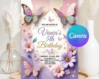 Może przedstawiać: Pastelowe zaproszenie urodzinowe z motylami i kwiatami. Zaproszenie zawiera napis "Vania's 5th Birthday" ze szczegółami wydarzenia. Widoczne jest logo Canva.
