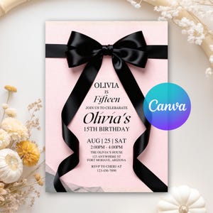 30th birthday, 40th birthday, 50th birthday, birthday invitation, black and white, black bow birthday, black bow invitation, black ribbon invite, black ribbon party, coquette birthday, coquette invitation, editable invitation, party invitation