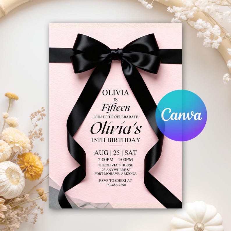 30th birthday, 40th birthday, 50th birthday, birthday invitation, black and white, black bow birthday, black bow invitation, black ribbon invite, black ribbon party, coquette birthday, coquette invitation, editable invitation, party invitation