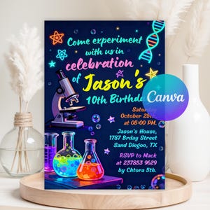 May include: A dark blue science-themed birthday invitation with neon accents. The invitation features a microscope, beakers with colorful liquids, and the text "Come experiment with us in celebration of Jason's 10th Birthday".