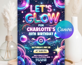 Glow Crazy Geburtstagseinladung, Let's Glow Geburtstagseinladung, Neon Glow Einladung, Glow Party Geburtstagseinladungen, bearbeitbare Vorlage