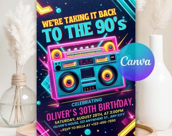 Back to 90s Birthday Party Invitation, Throwback Party Invite, Glow Dance Disco 2000s Birthday, Instant Download, Canva Template