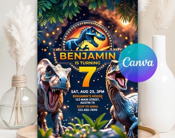 Editable Dinosaur Birthday Party Invitation, Dinosaur World Invites, T-Rex Party Invite, Jurassic 1st 3rd 5th Birthday, Canva Template