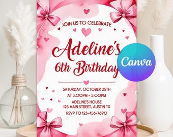 Editable Coquette Pink Bow Birthday Invitation, Pink Bow Ribbon Birthday Invitation, Girl Pink Birthday Invite, Editable Canva Template