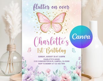 May include: A pastel-colored birthday invitation with a butterfly design. The invitation reads "flutter on over" and "Charlotte's 1st Birthday". Additional text includes the date, time, and location of the party, along with an RSVP contact.