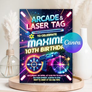 May include: A vibrant invitation for an arcade and laser tag party. The design features neon text, a laser gun, and target graphics. The invitation is for Maxime's 10th birthday, with event details at the bottom.