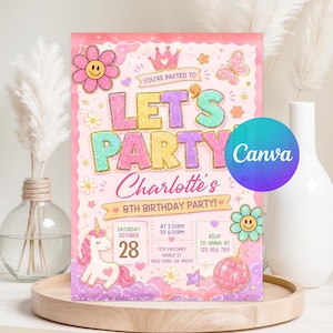 May include: A rectangular birthday party invitation card featuring a pink background with glittery text that reads LET'S PARTY Charlotte's 8TH BIRTHDAY PARTY. The design includes a unicorn, a disco ball, flowers, a crown, and a butterfly graphic.