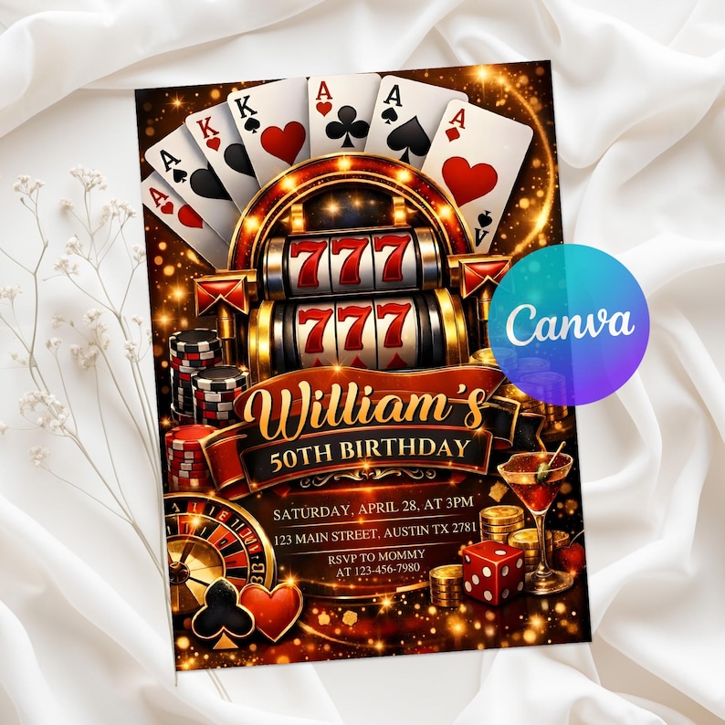 21st birthday invite, 40th party invite, 50th birthday invite, Canva Template, Casino Birthday, Casino invitation, adult invitation, adult party invite, birthday invitation, casino night invite, digital invitation, poker birthday, poker party invite
