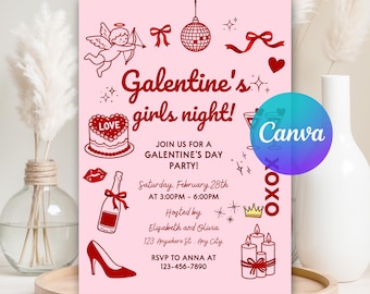 Galentine's Girls Night Party Invitation, Friends Valentines Dinner Invite, Galentines Day Invite, Editable Canva Template, Digital Download