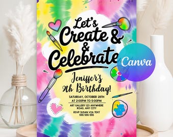 Può includere: Un invito colorato per il 9° compleanno di Jeniffer con il testo "Let's Create & Celebrate". Il design presenta pennelli, cuori e uno sfondo tie-dye rosa, giallo, blu e viola. Il logo Canva è visibile.