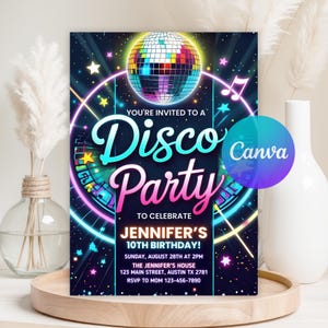 Editable Disco Party Invitation, Neon Glow Disco Dance Party Invitation, Neon Glow Party Invitation, Disco Ball Invite, Canva Template