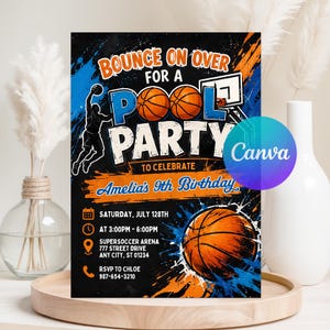 Op de afbeelding: Een rechthoekige verjaardagsuitnodiging met een zwarte achtergrond en blauwe en oranje verfspatten. De tekst luidt Bounce On Over For A Pool Party To Celebrate Amelia's 9th Birthday, inclusief basketbalafbeeldingen en details over het evenement.