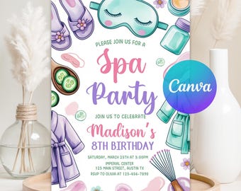 Girls Spa Birthday, Spa Party Birthday Invitation, Pamper Party Invite, Glam Party Birthday, Editable Canva Template, Instant Download