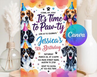Dog Birthday Invitation, Puppy Party, Pawty Invitations, Calling All Party Animals, Digital Download Template Printable