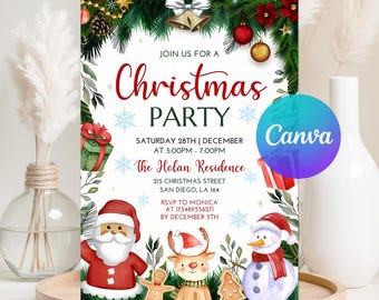 May include: A Christmas party invitation with festive illustrations. The invitation features Santa Claus, a reindeer, and a snowman. The text reads "Christmas Party" with event details, including the date, time, and location.