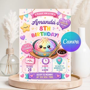May include: A colourful birthday invitation card featuring a rainbow dumpling in a bowl, a star, and a heart balloon. Text includes: Amanda's 8th Birthday, You're Dumpling Special, Let's Celebrate, Saturday October 28, 3:00PM to 6:00PM, 123 Happy St, Wonderful City, CA 12345, RSVP to Mommy at 123-456-7890.