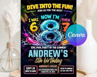 Six Seven Eight Birthday Invitation, 6 7 Meme, 8th Birthday Invite, Water Slide Bash, Summer Pool Party, Editable Canva Template