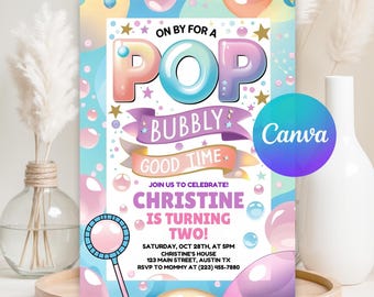 Bubble Birthday Invitation, Second Birthday Invite, Pastel 2 Year Old Girl Birthday Invite, Girls Birthday Invitation, Canva Template
