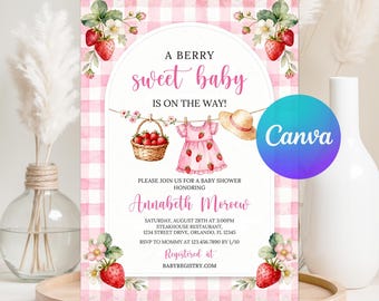 Zoete babyshoweruitnodiging Berry, babyshower aardbei aardbei, waslijn nodigt, bewerkbare sjabloon, digitale download