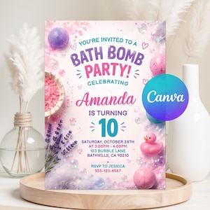 May include: A rectangular invitation card for a bath bomb party featuring purple and pink text, a pink rubber duck, lavender sprigs, and bath bombs. The text reads: You're invited to a bath bomb party, celebrating Amanda is turning 10.
