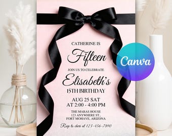 Elegant Black and Pink Ribbon Birthday Invitation, Any Age Coquette Ribbon 30th 40th 50th, Black Bow Birthday Invitation, Digital Download
