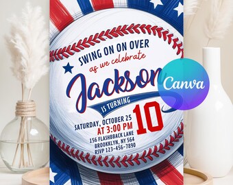 EDITABLE Baseball Party Invitation, Rookie Of The Year Invite, Sports Birthday Invitation, Swing on Over, Canva Template, Instant Download