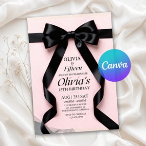Pink Bow 1st, Birthday Invitation, girl first birthday, pink ribbon birthday, elegant invitation, first year milestone, coquette aesthetic, soft pink bow, birthday party, pretty pink bow, canva editable, large bow, coquette birthday