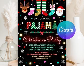 Christmas Pajama Party Invitation, Pajama Invitation, Christmas Party Invitation, Holiday Pajama Party, Xmas Party, Editable Canva