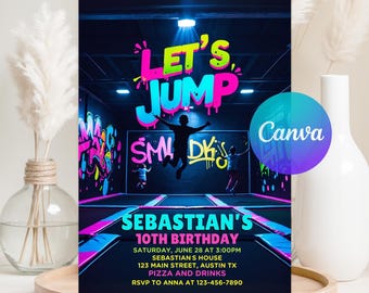 Trampolineparkfeestuitnodiging, trampolineverjaardagsuitnodiging, tiener sprongfeest, tiener parkourverjaardag, Lets Jump-feest, canvas bewerkbaar
