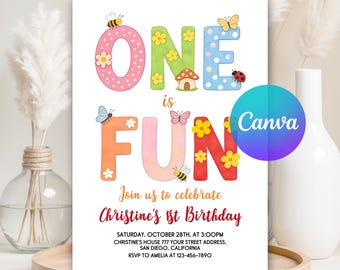 One Is Fun Birthday Party Invitation, Editable 1st Birthday Invite, Fun to Be One Birthday, Colorful First Birthday Invite, Digital Download