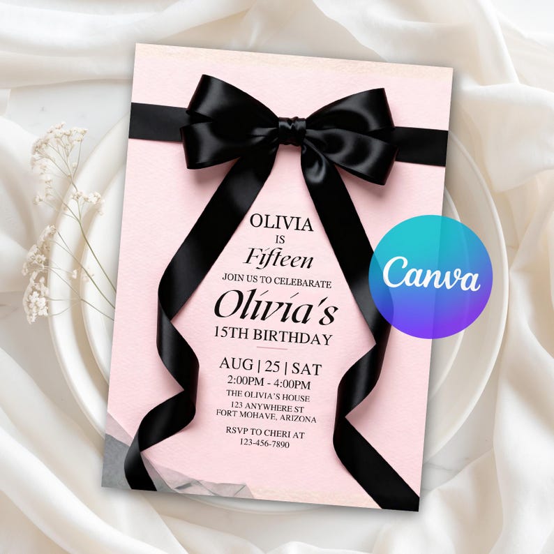 coquette invitation, pink bow invitation, Pink 13th Birthday, blush pink bow, pink bow birthday, first birthday, teen birthday invite, 13th Birthday Girl, bow party invitation, editable canva, 13th birthday theme, coquette bow, invitation template
