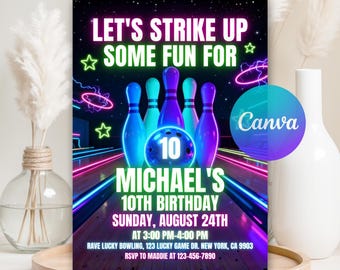 Neon Bowling Birthday Invitation, Glow Bowling Invitation, Neon Glow Party, Boy Bowling Invite, Strike Up Some Fun, Editable Template
