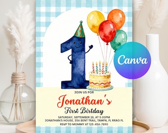 Blue Gingham First Birthday Invitation, 1st Birthday Party Invite, Boy First Birthday Cake and Balloons, Digital Download, Editable Canva
