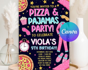 Invitación de cumpleaños editable con pizza y pijamas, invitación para fiesta de pijamas, fiesta de pijamas, plantilla Canva de descarga instantánea